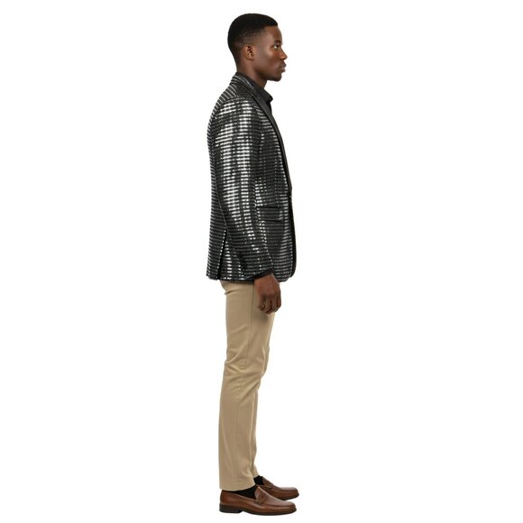 Empire™ Metallic Stripe Sequin Peak Lapel Hybrid Fit Blazer, Silver & Black - Picture 4 of 5